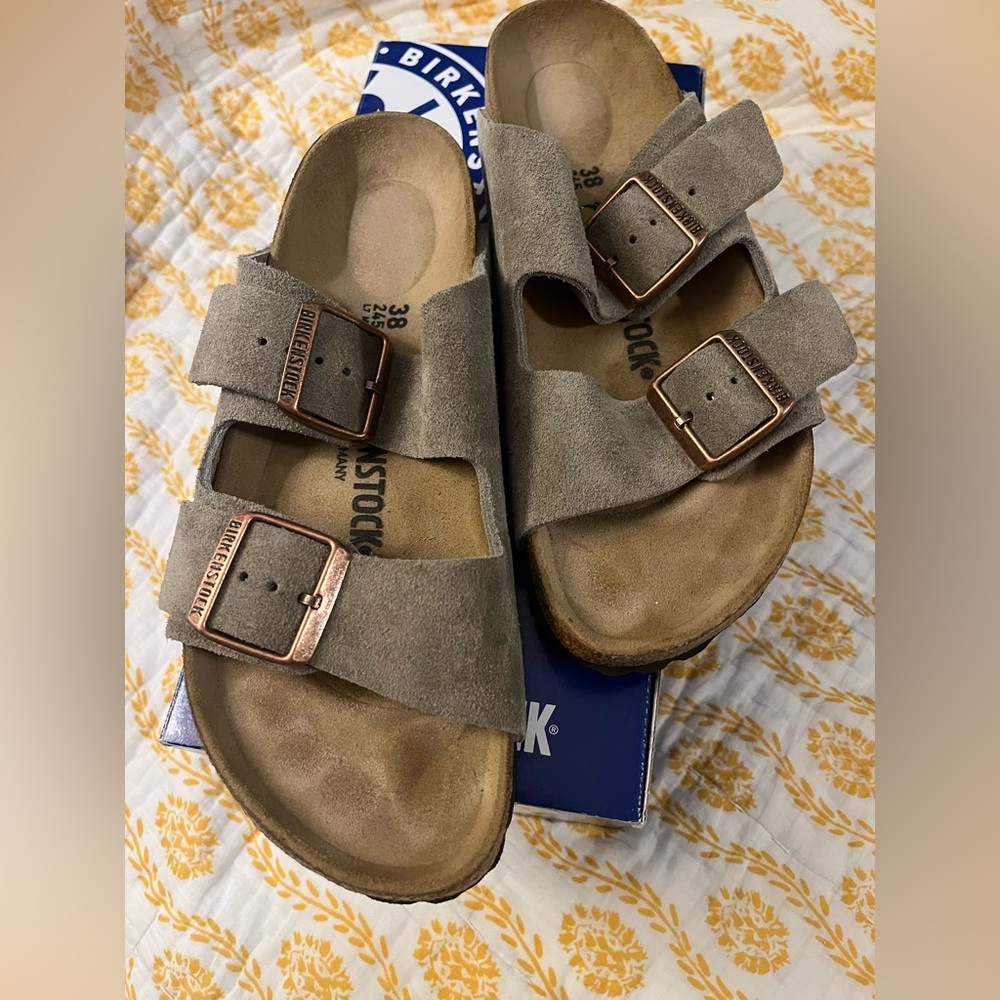 Birkenstock Arizona Suede Double Strap Sandals in Taupe with Copper Buckles